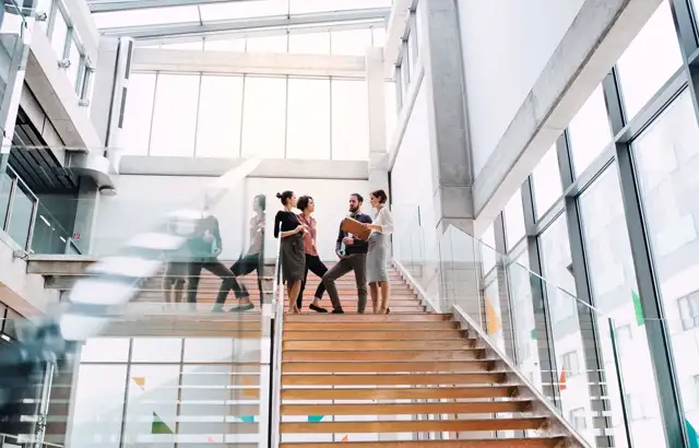 Sander employees and two clients discussing on the stairs